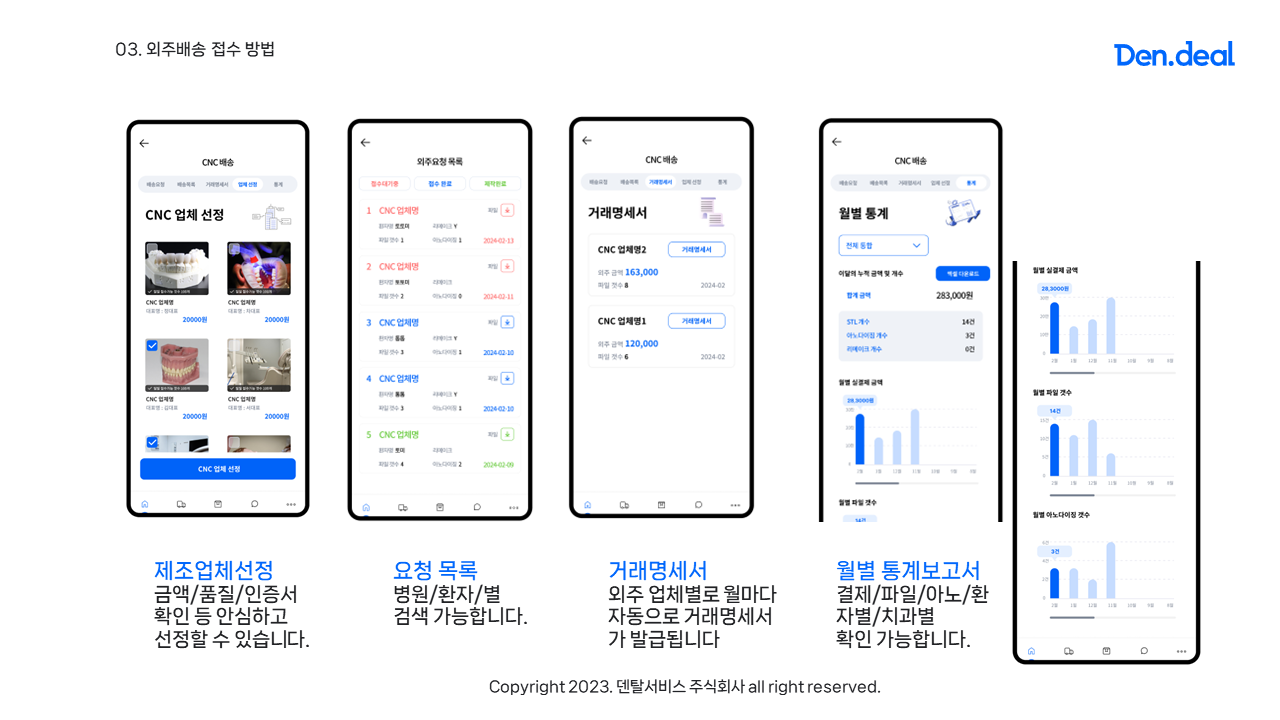 덴딜 제조중개 앱 - 제조업체선정, 요청 목록, 거래명세서, 월별 통계보고서